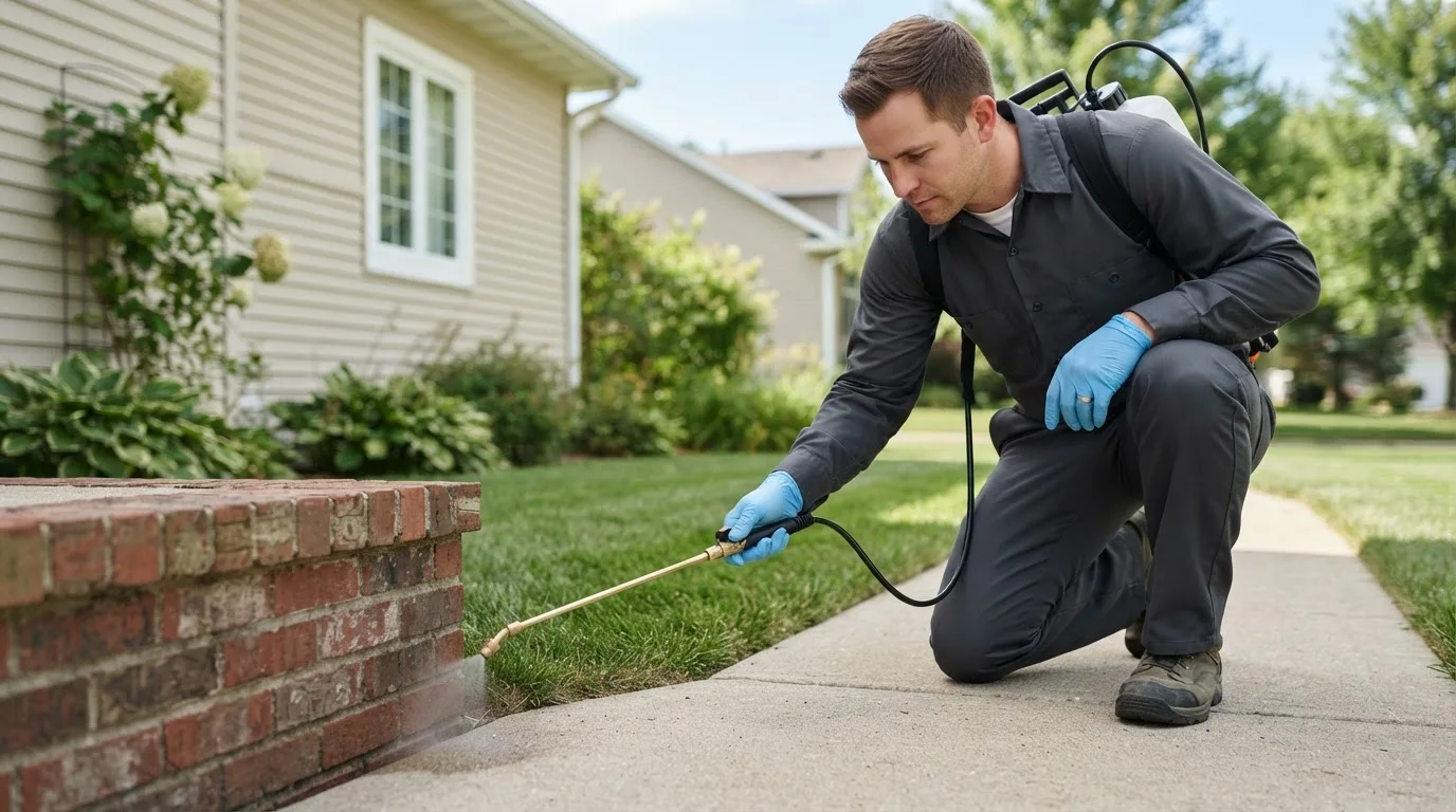 Pest control technician treating a home near Alvarado, MN